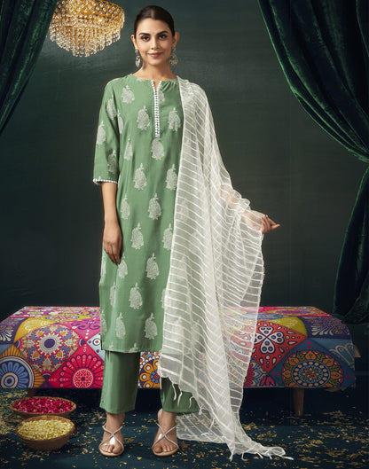 Pista Green Silk Printed Straight Kurta Set With Dupatta