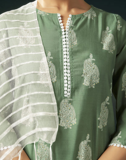 Pista Green Silk Printed Straight Kurta Set With Dupatta