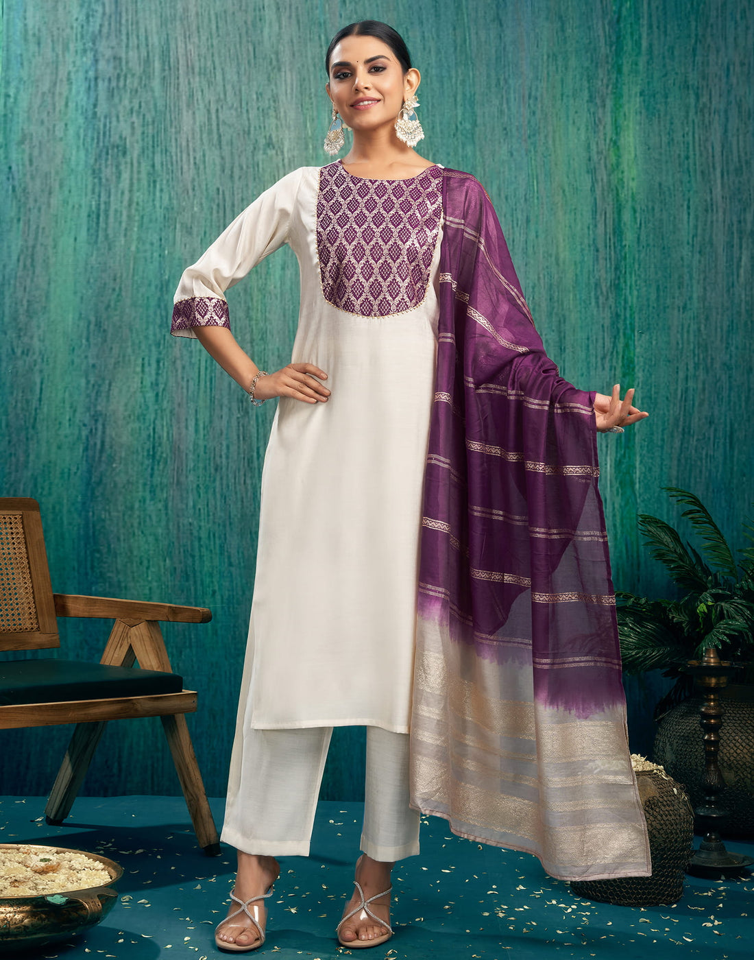 Cream Silk Woven Straight Kurta Set With Dupatta