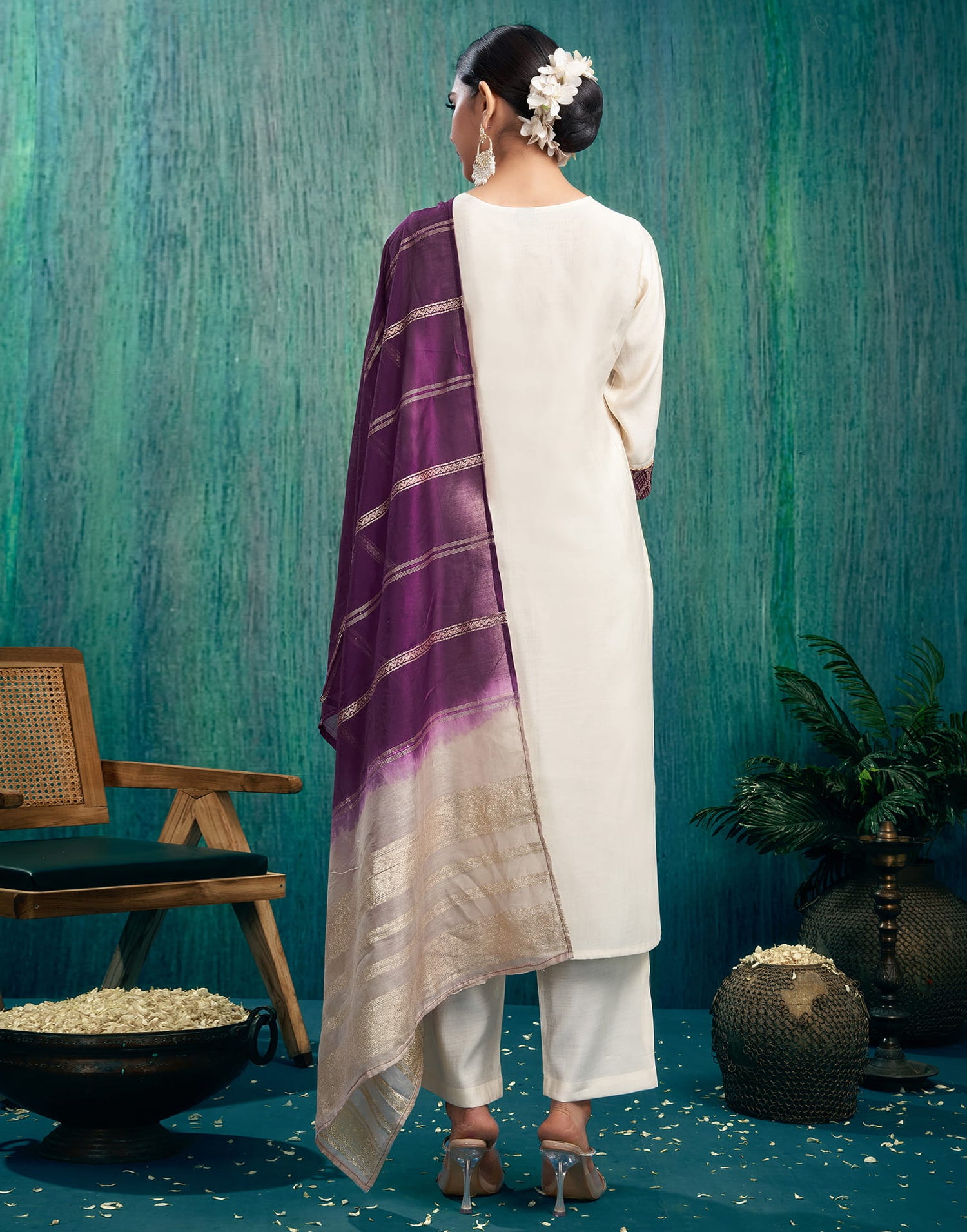 Cream Silk Woven Straight Kurta Set With Dupatta