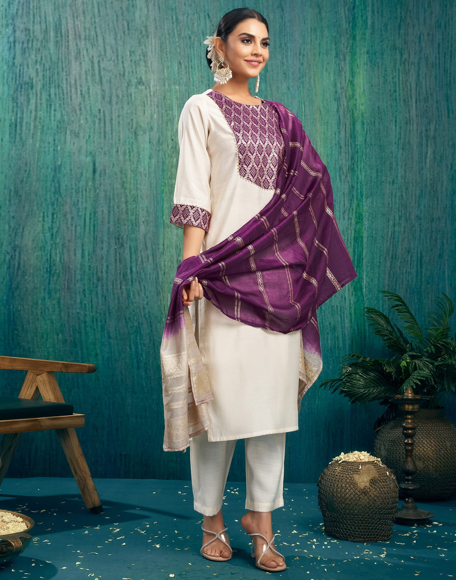 Cream Silk Woven Straight Kurta Set With Dupatta