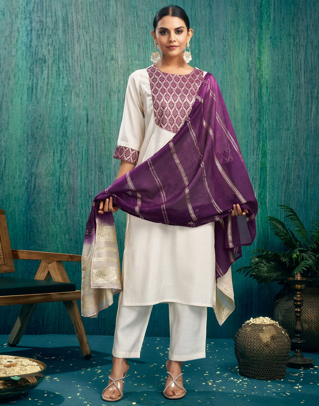 Cream Silk Woven Straight Kurta Set With Dupatta