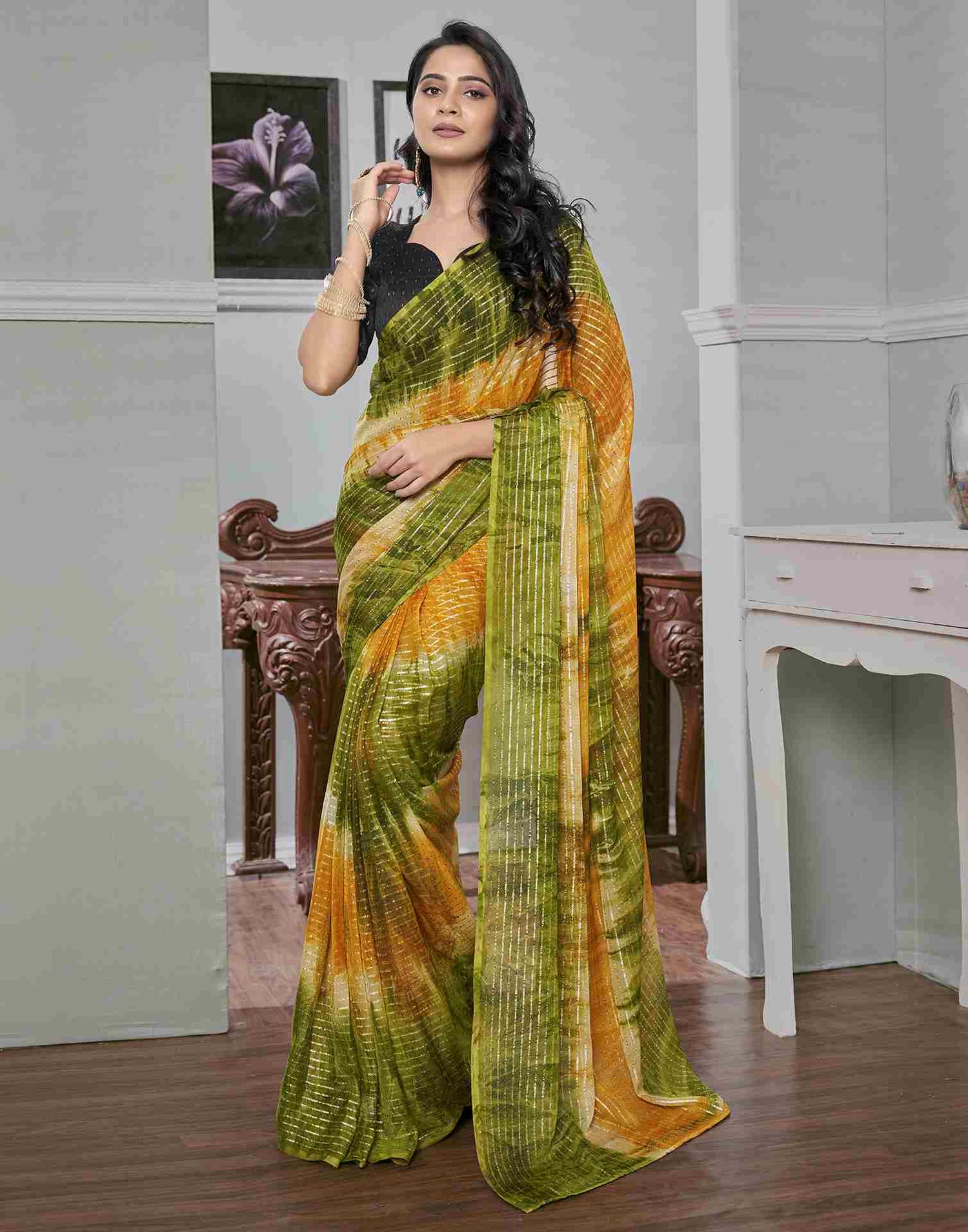 Ready To Wear Green Georgette Printed Saree