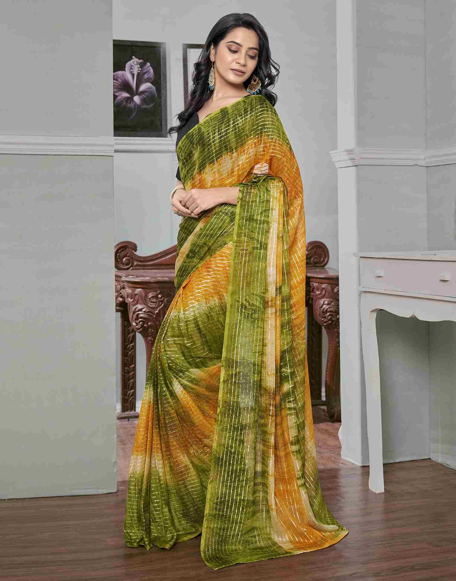 Ready To Wear Green Georgette Printed Saree