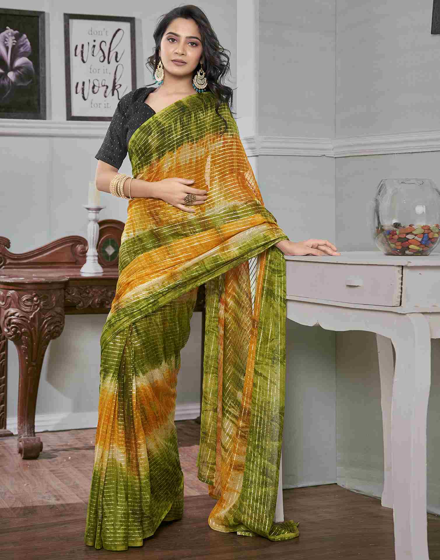 Ready To Wear Green Georgette Printed Saree