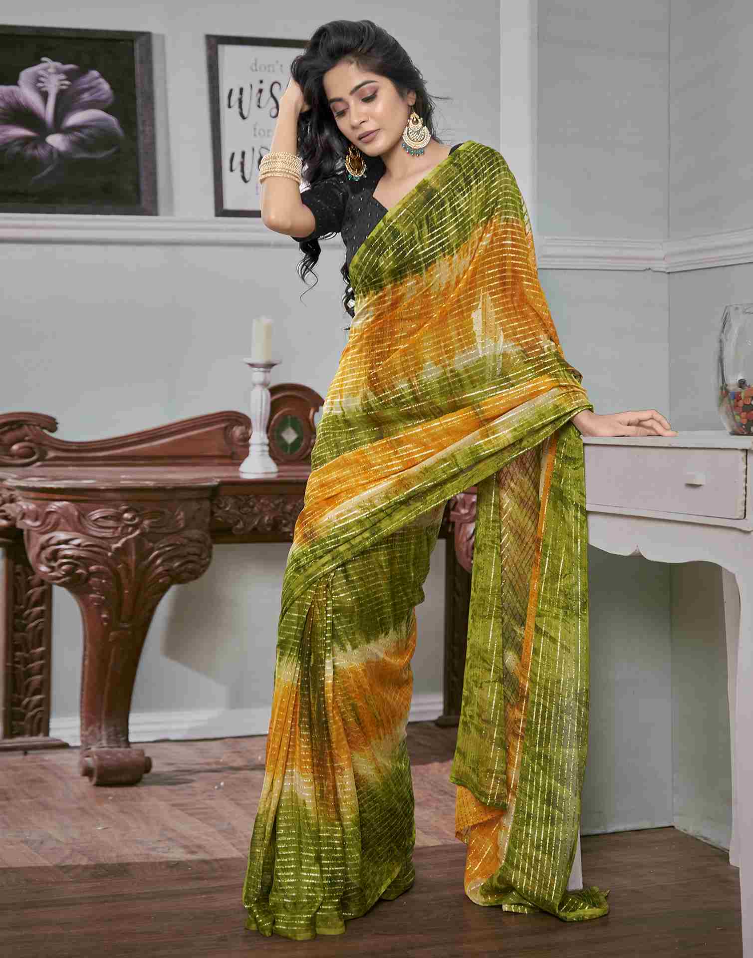 Ready To Wear Green Georgette Printed Saree