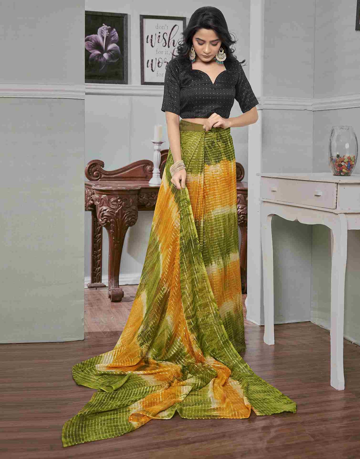 Ready To Wear Green Georgette Printed Saree