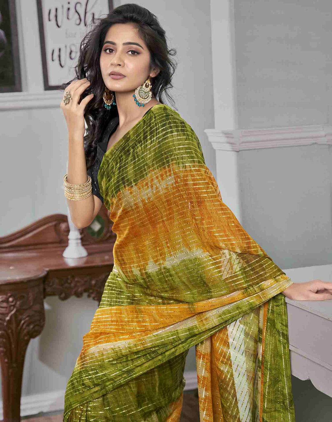 Ready To Wear Green Georgette Printed Saree