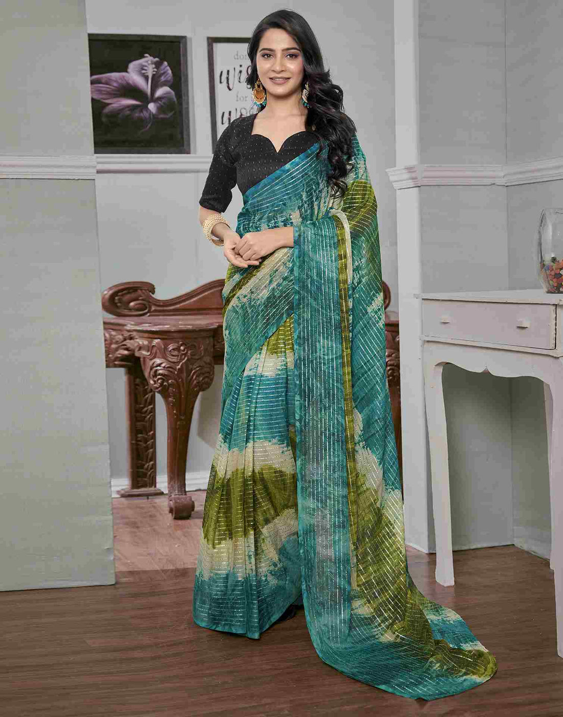 Ready To Wear Teal Blue Georgette Printed Saree