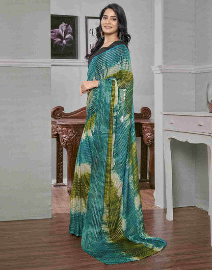 Ready To Wear Teal Blue Georgette Printed Saree