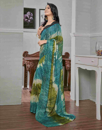 Ready To Wear Teal Blue Georgette Printed Saree