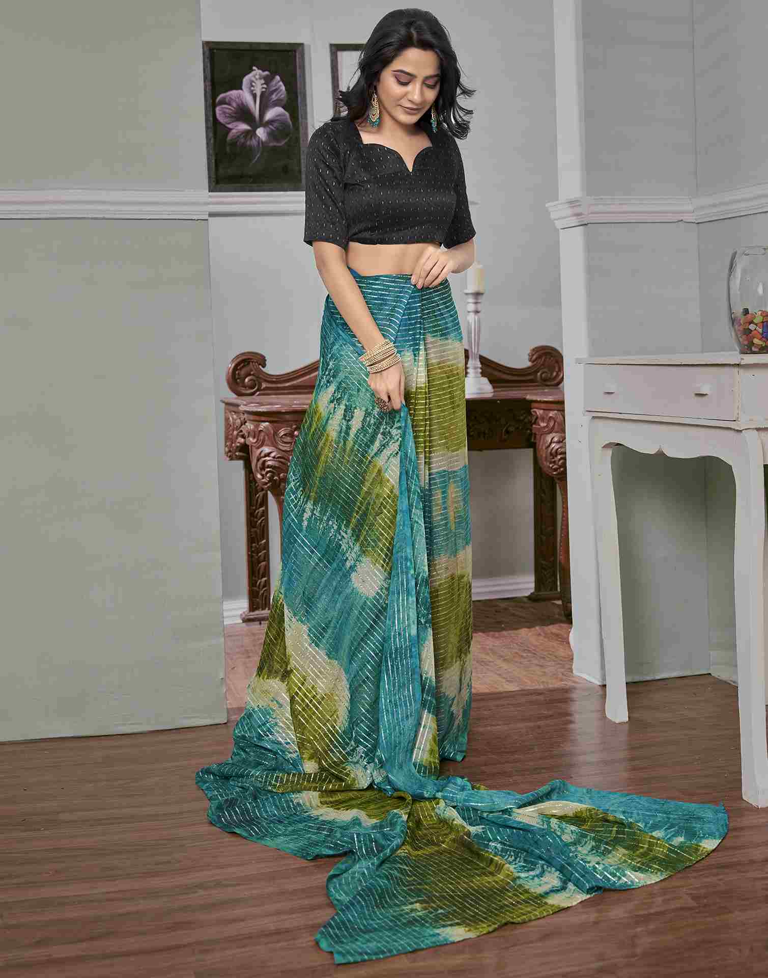 Ready To Wear Teal Blue Georgette Printed Saree