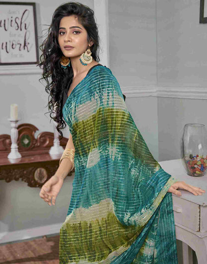 Ready To Wear Teal Blue Georgette Printed Saree