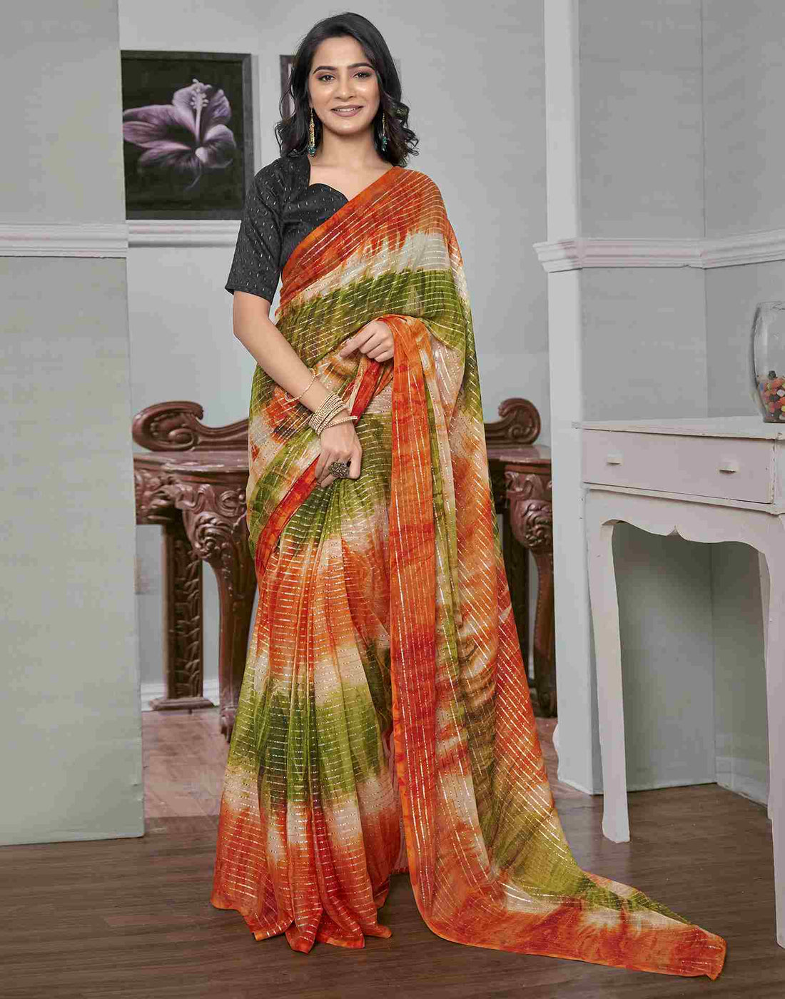 Ready To Wear Orange Georgette Printed Saree