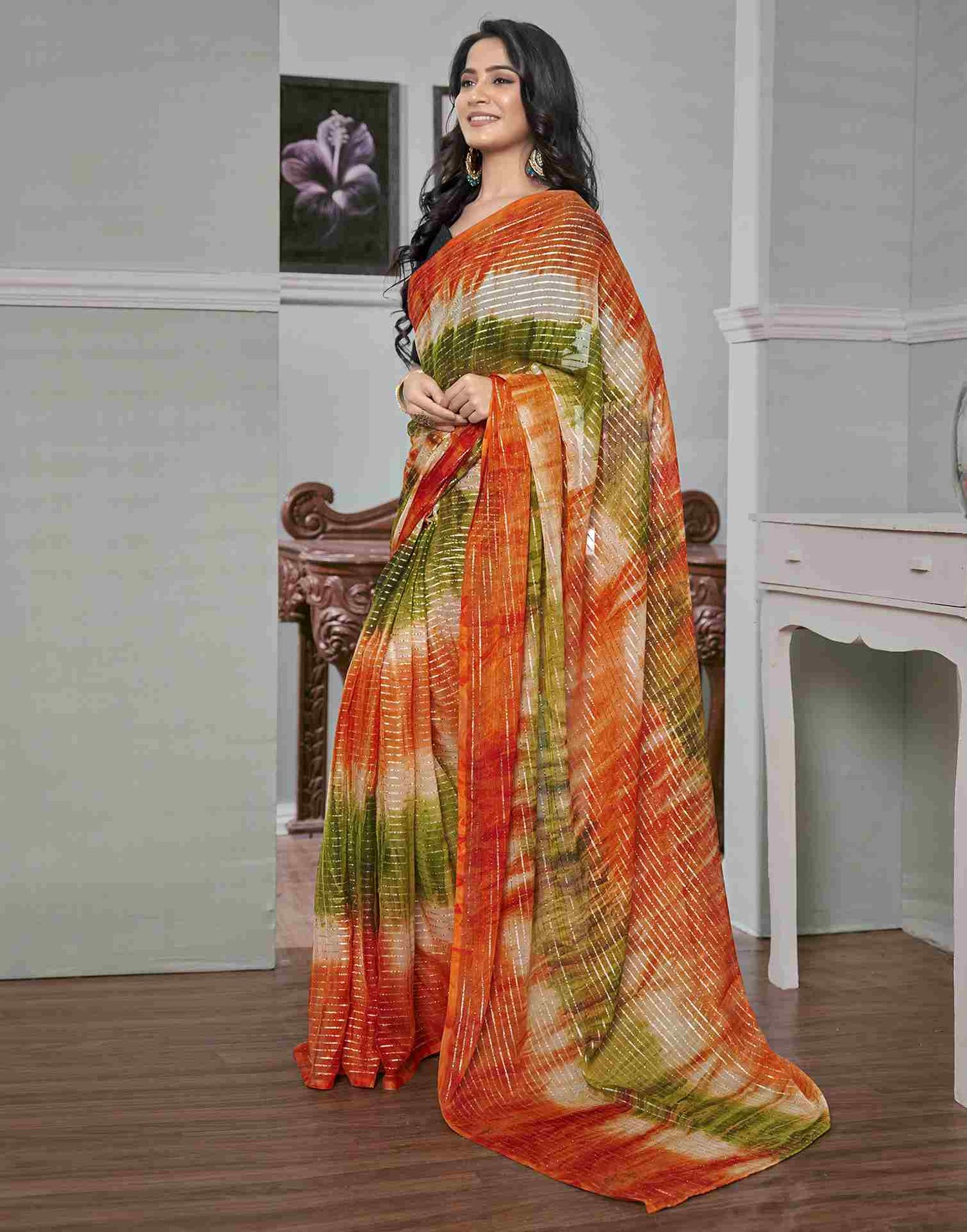 Ready To Wear Orange Georgette Printed Saree