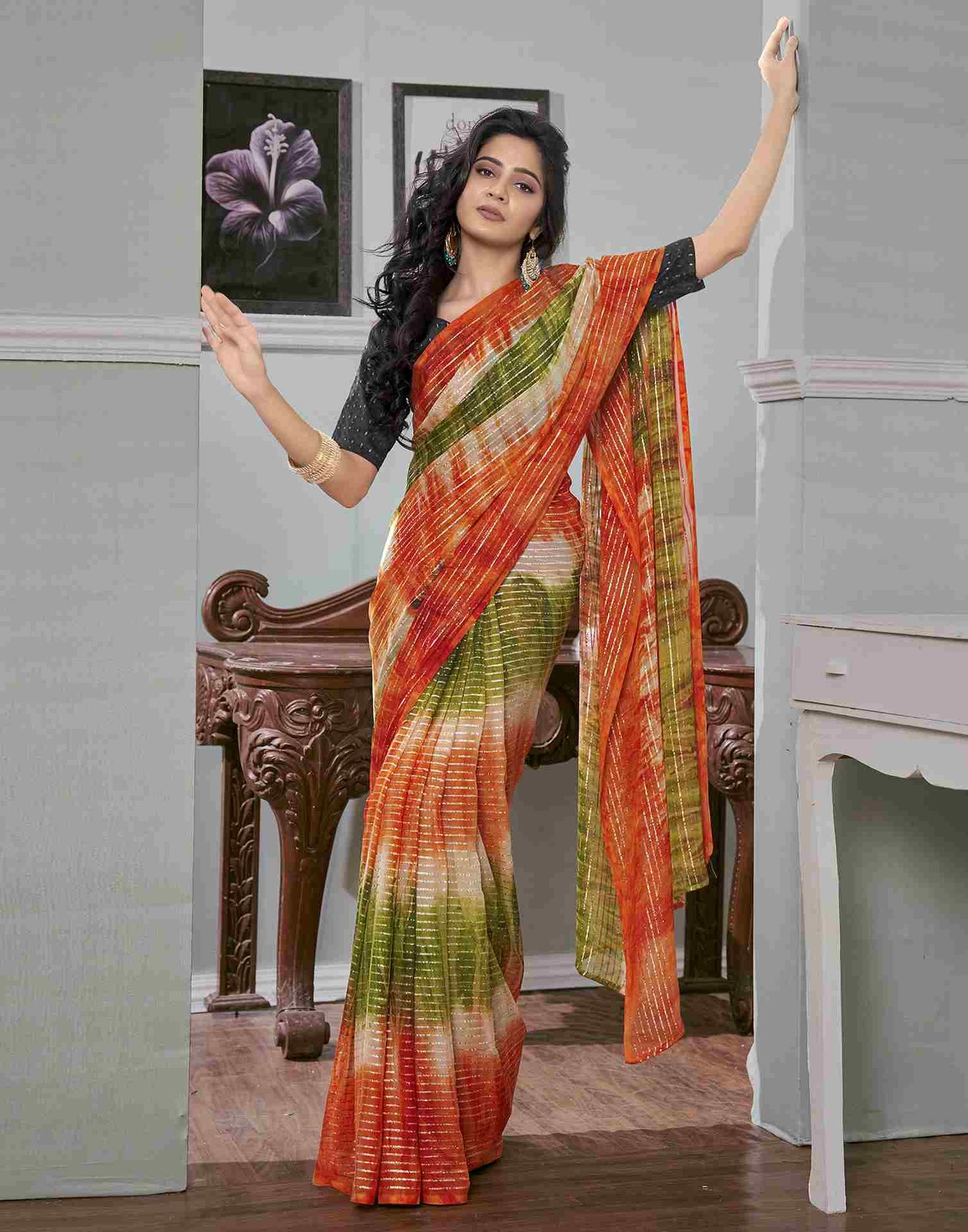 Ready To Wear Orange Georgette Printed Saree