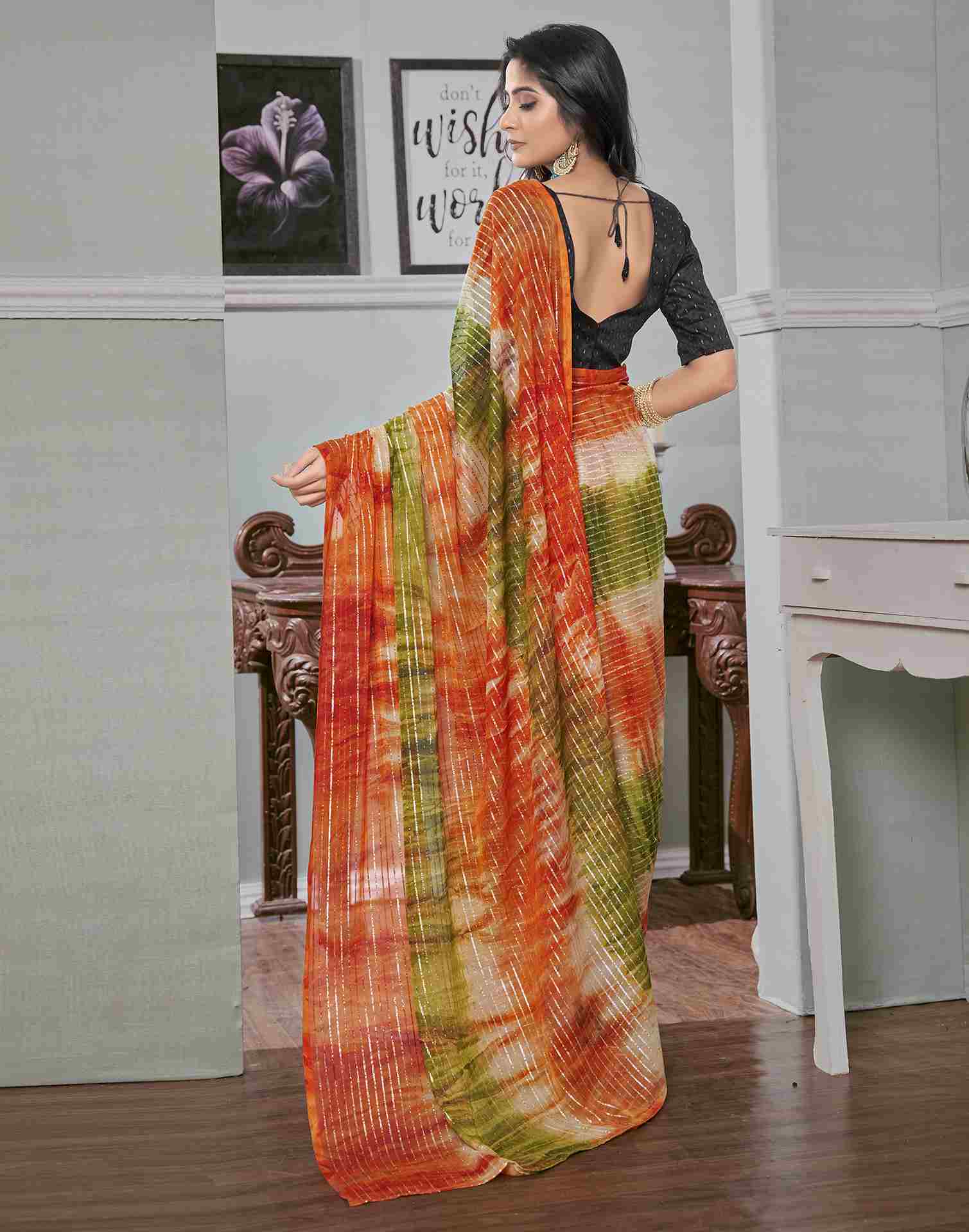 Ready To Wear Orange Georgette Printed Saree