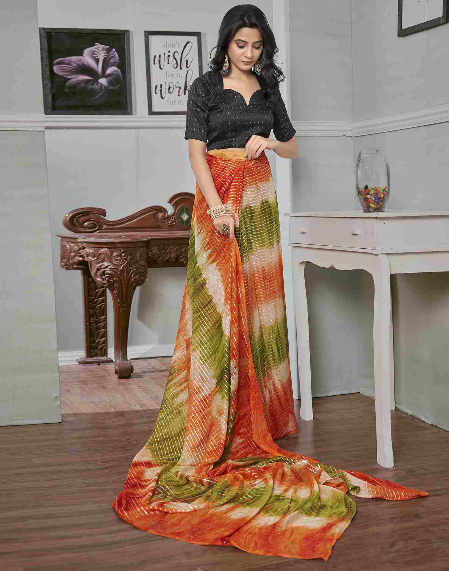 Ready To Wear Orange Georgette Printed Saree