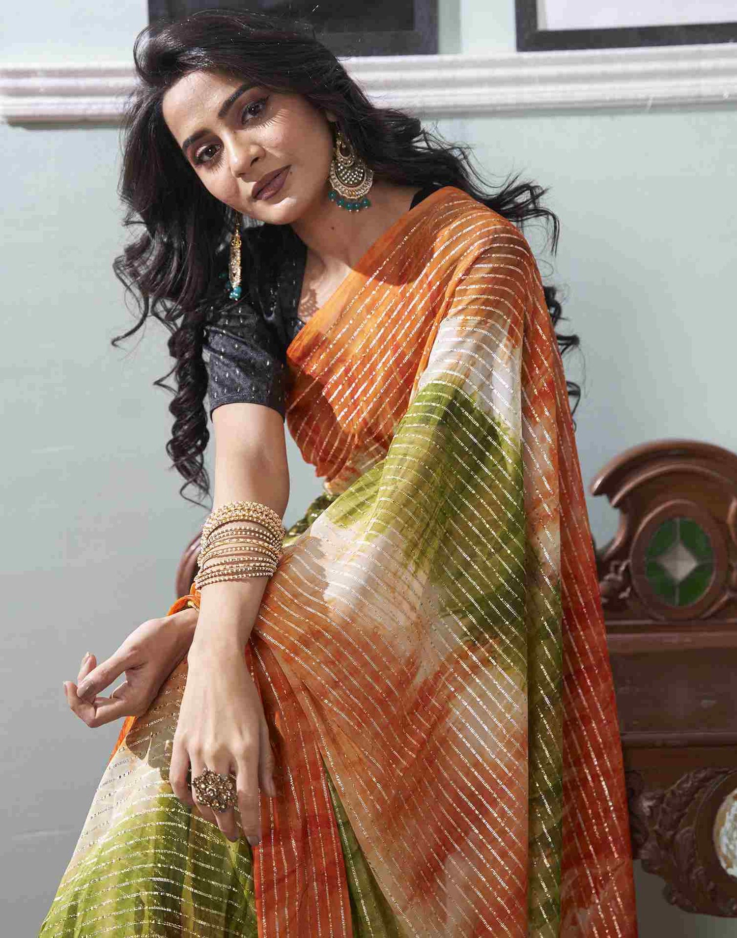 Ready To Wear Orange Georgette Printed Saree