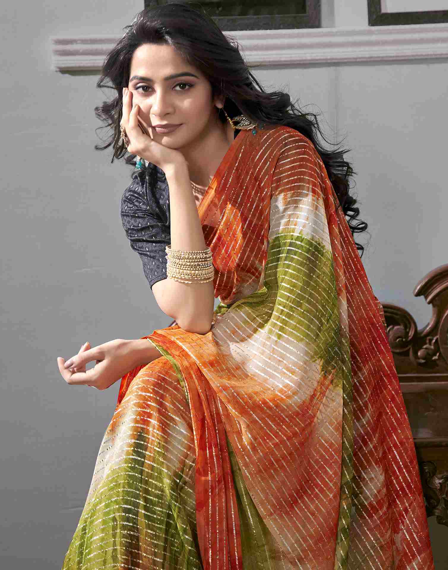 Ready To Wear Orange Georgette Printed Saree