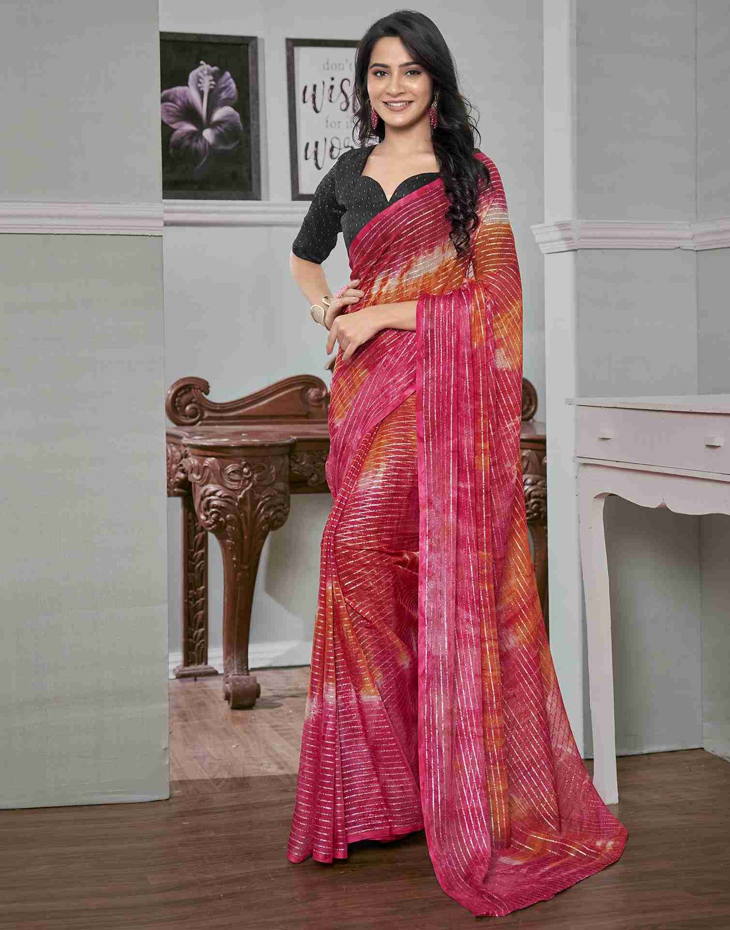 Ready To Wear Magenta Georgette Printed Saree