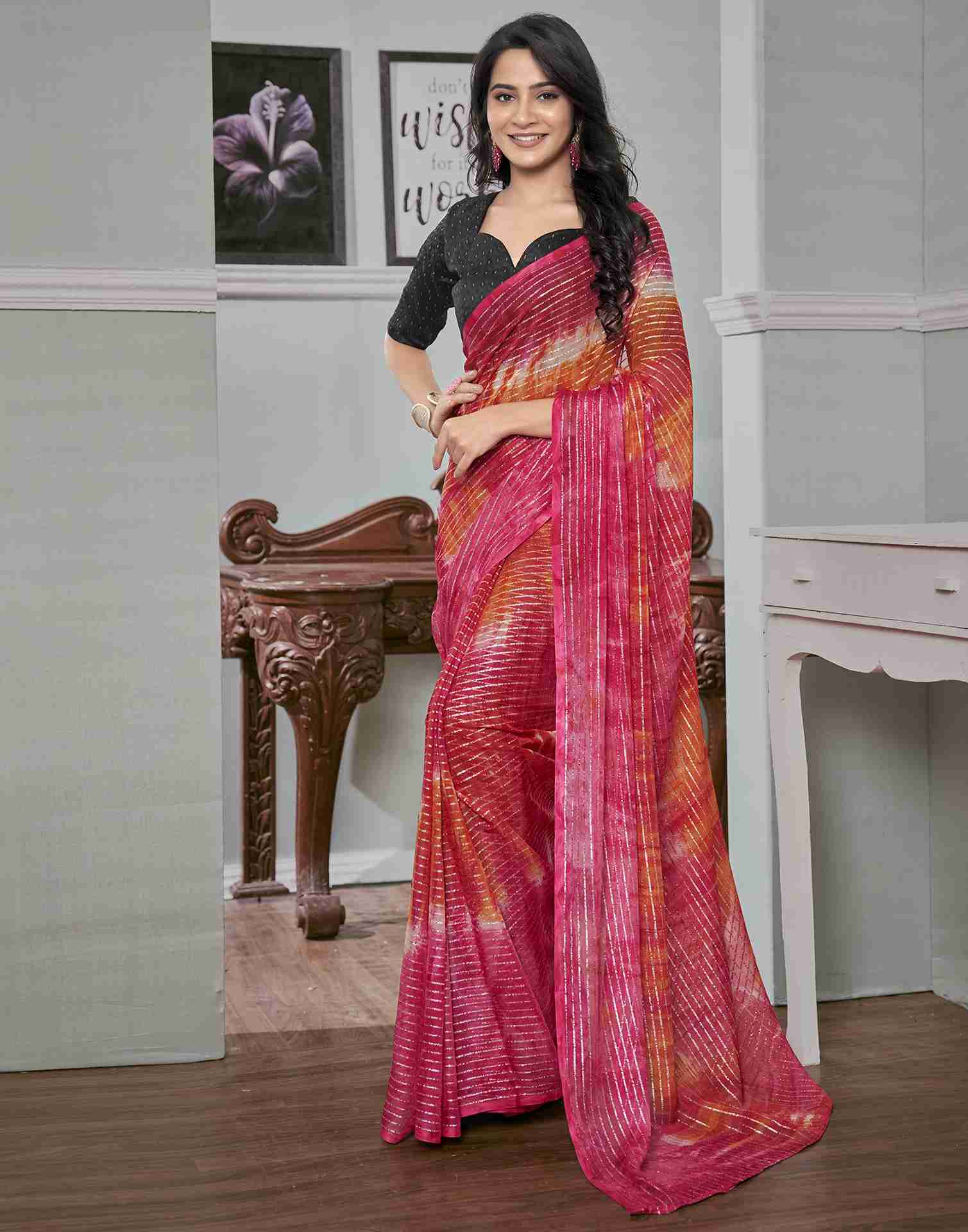 Ready To Wear Magenta Georgette Printed Saree