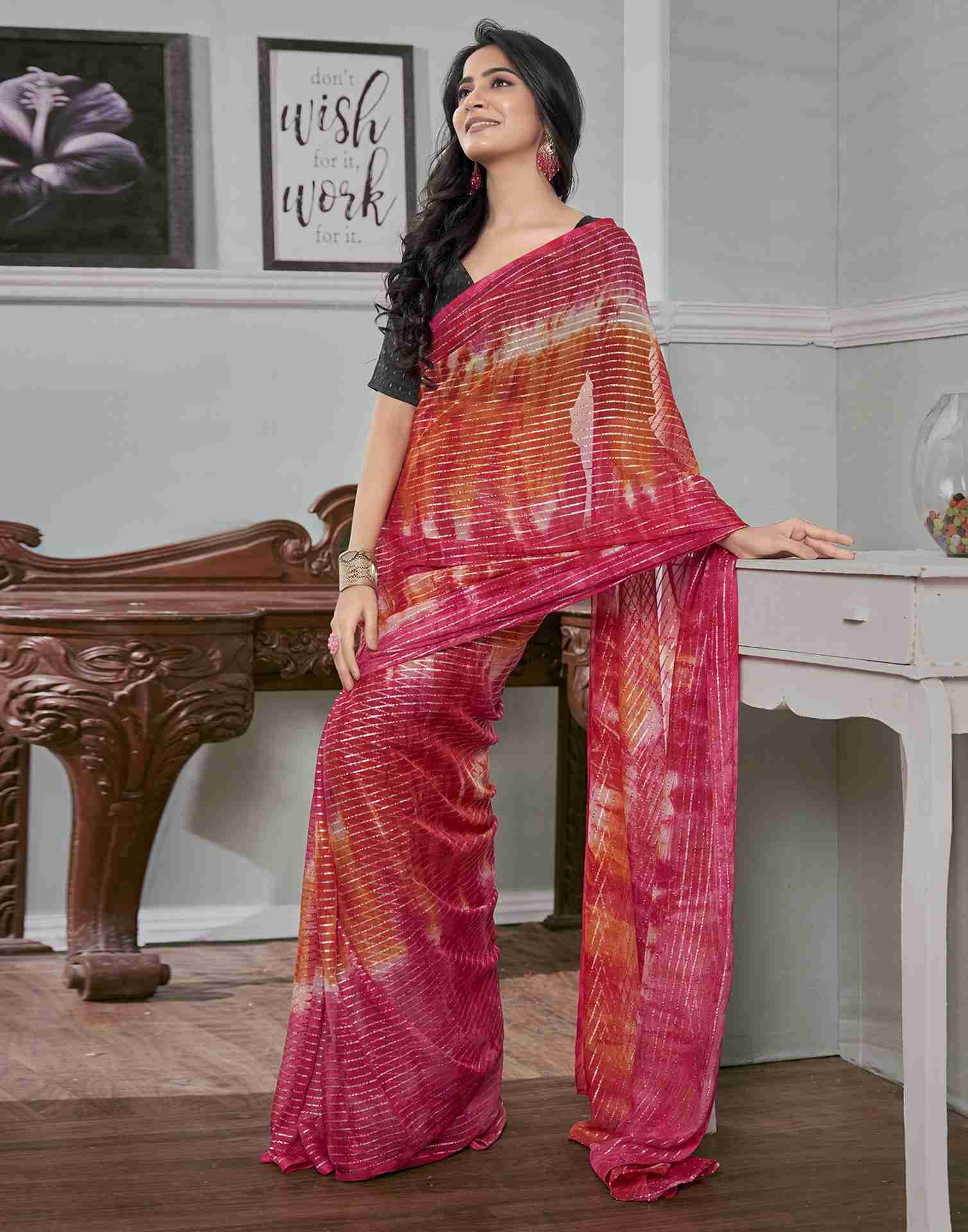 Ready To Wear Magenta Georgette Printed Saree