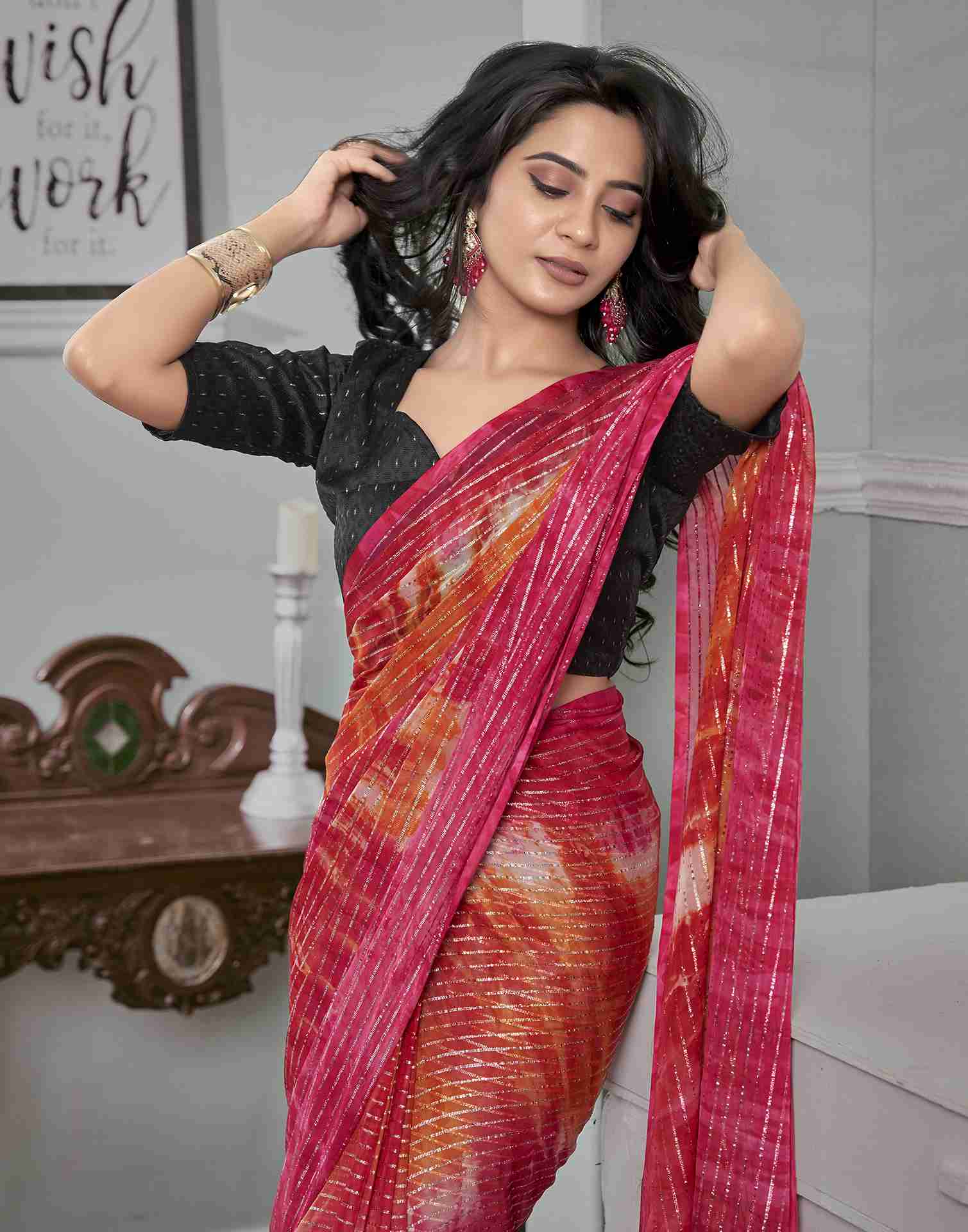 Ready To Wear Magenta Georgette Printed Saree