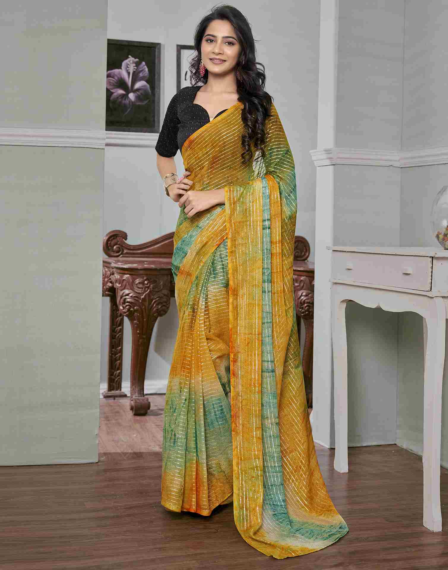 Ready To Wear Yellow Georgette Printed Saree