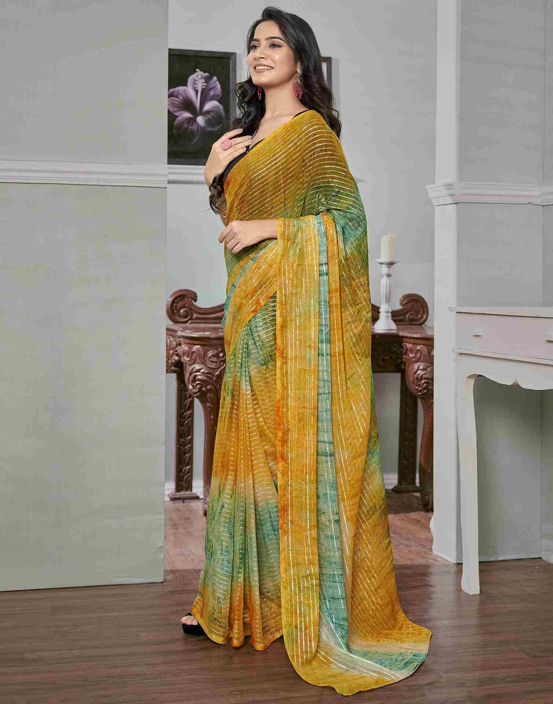 Ready To Wear Yellow Georgette Printed Saree