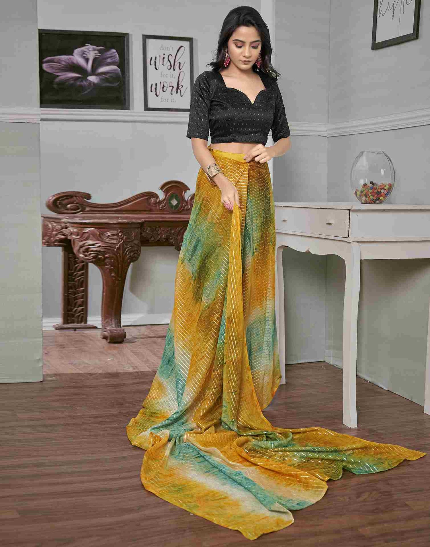 Ready To Wear Yellow Georgette Printed Saree