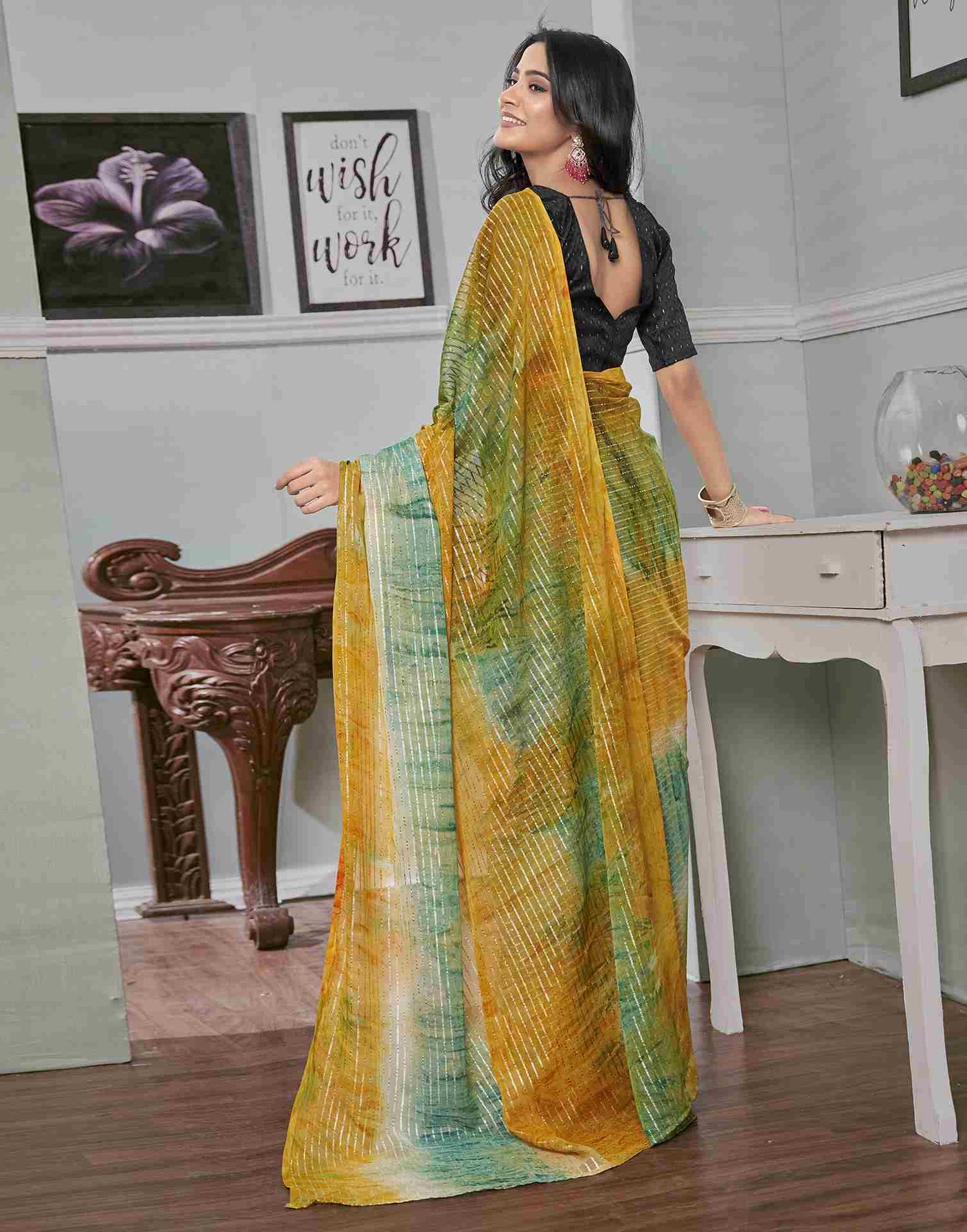 Ready To Wear Yellow Georgette Printed Saree