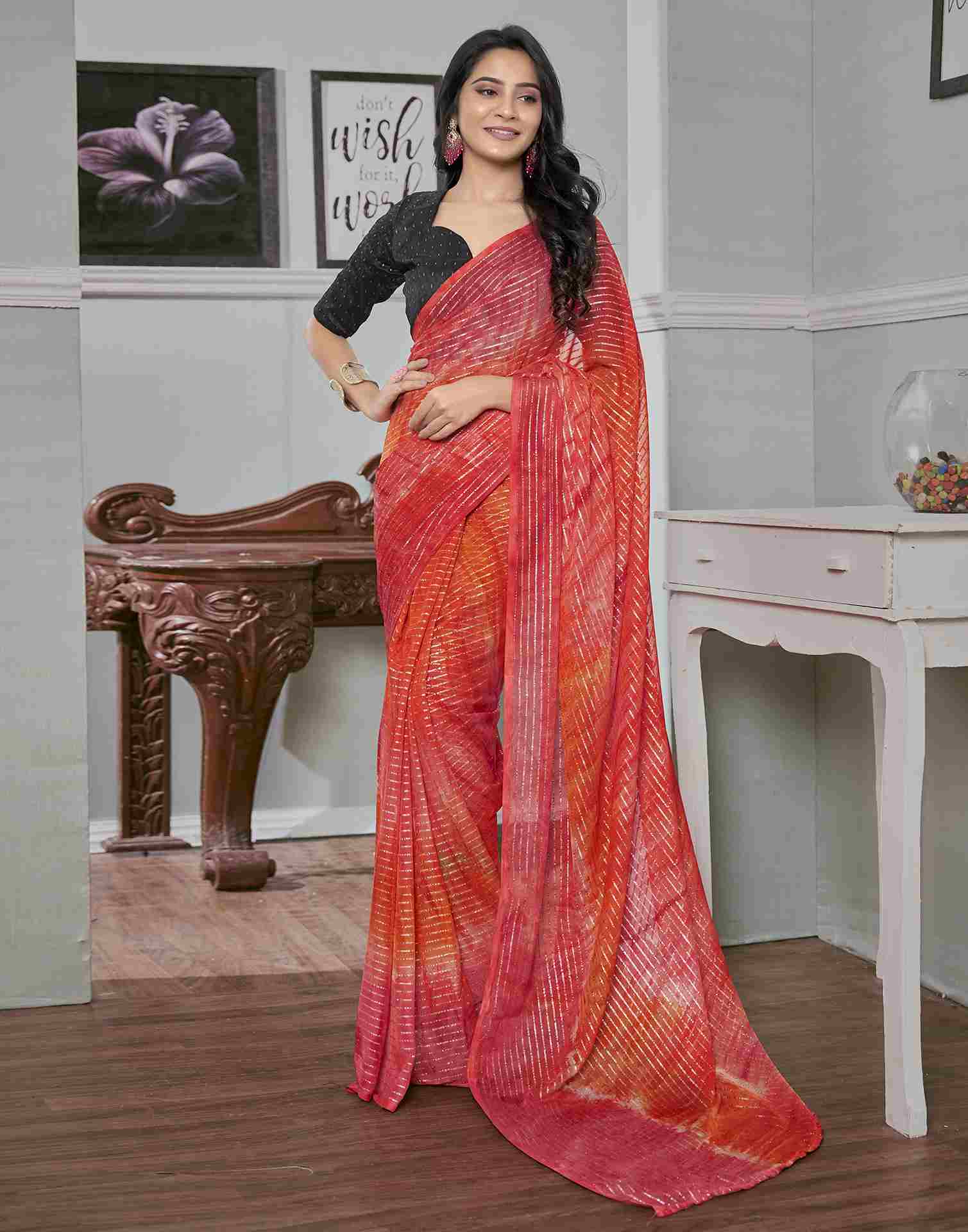 Ready To Wear Coral Red Georgette Printed Saree