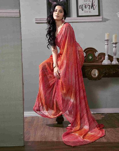 Ready To Wear Coral Red Georgette Printed Saree