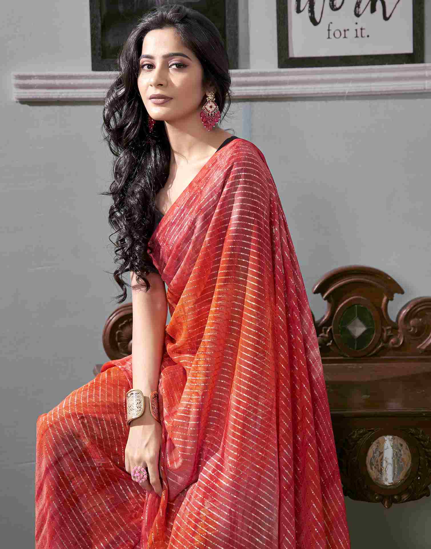 Ready To Wear Coral Red Georgette Printed Saree