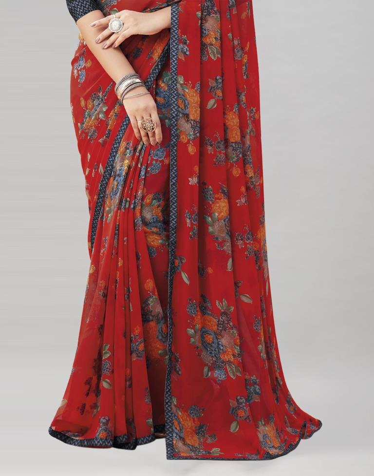 Red Coloured Georgette Floral Printed Saree | Sudathi