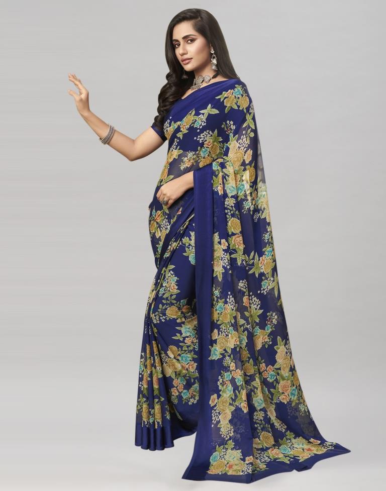 Navy Blue Coloured Chiffon Floral Printed Saree | Sudathi