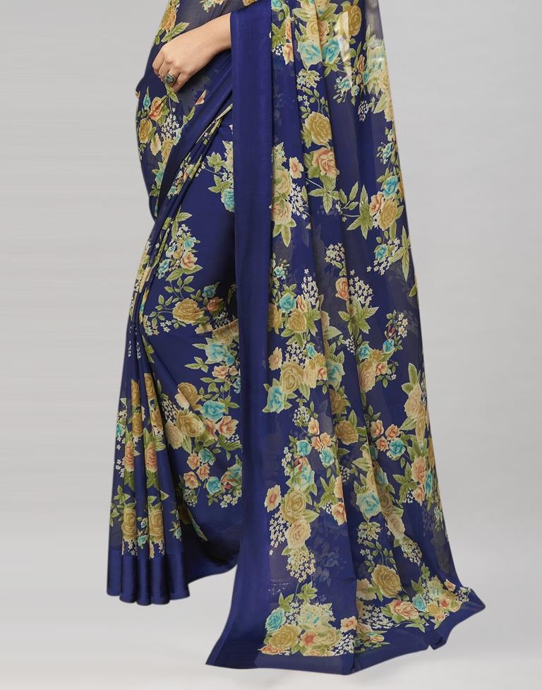 Navy Blue Coloured Chiffon Floral Printed Saree | Sudathi