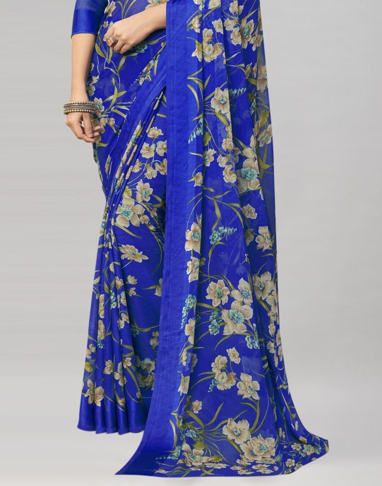 Royal Blue Coloured Chiffon Floral Printed Saree | Sudathi