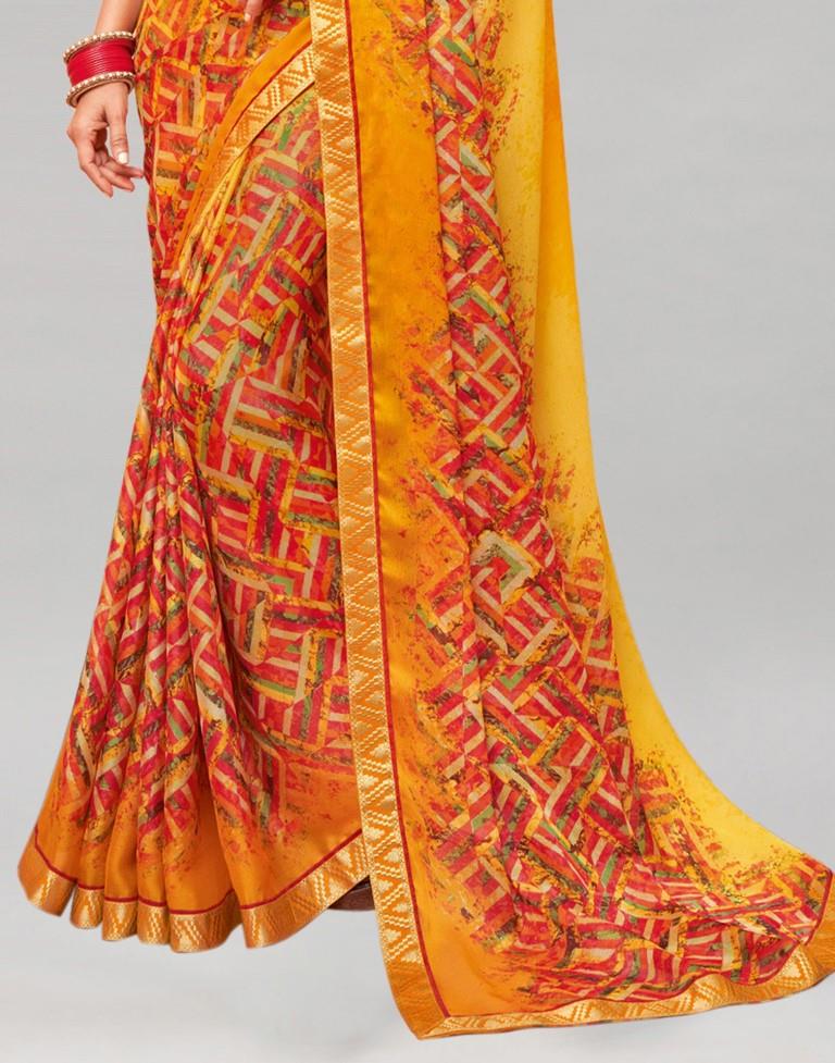 Turmeric Yellow Coloured Chiffon Geometric Printed Saree | Sudathi