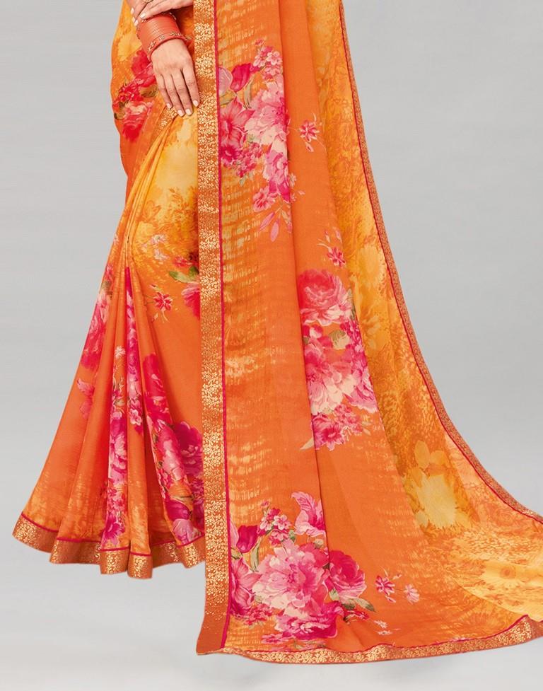Orange Coloured Chiffon Floral Printed Saree | Sudathi