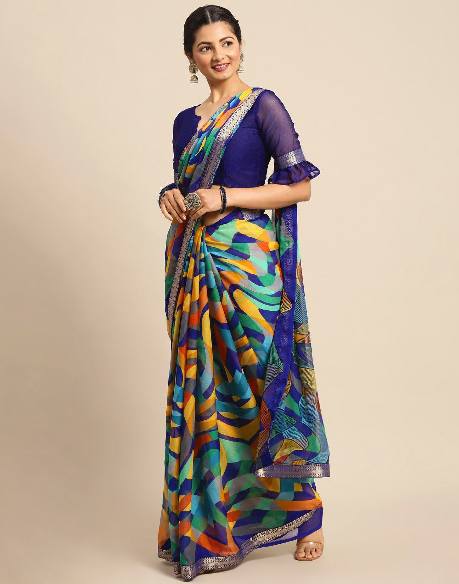 Royal Blue Coloured Chiffon Geometric Printed Saree | Sudathi