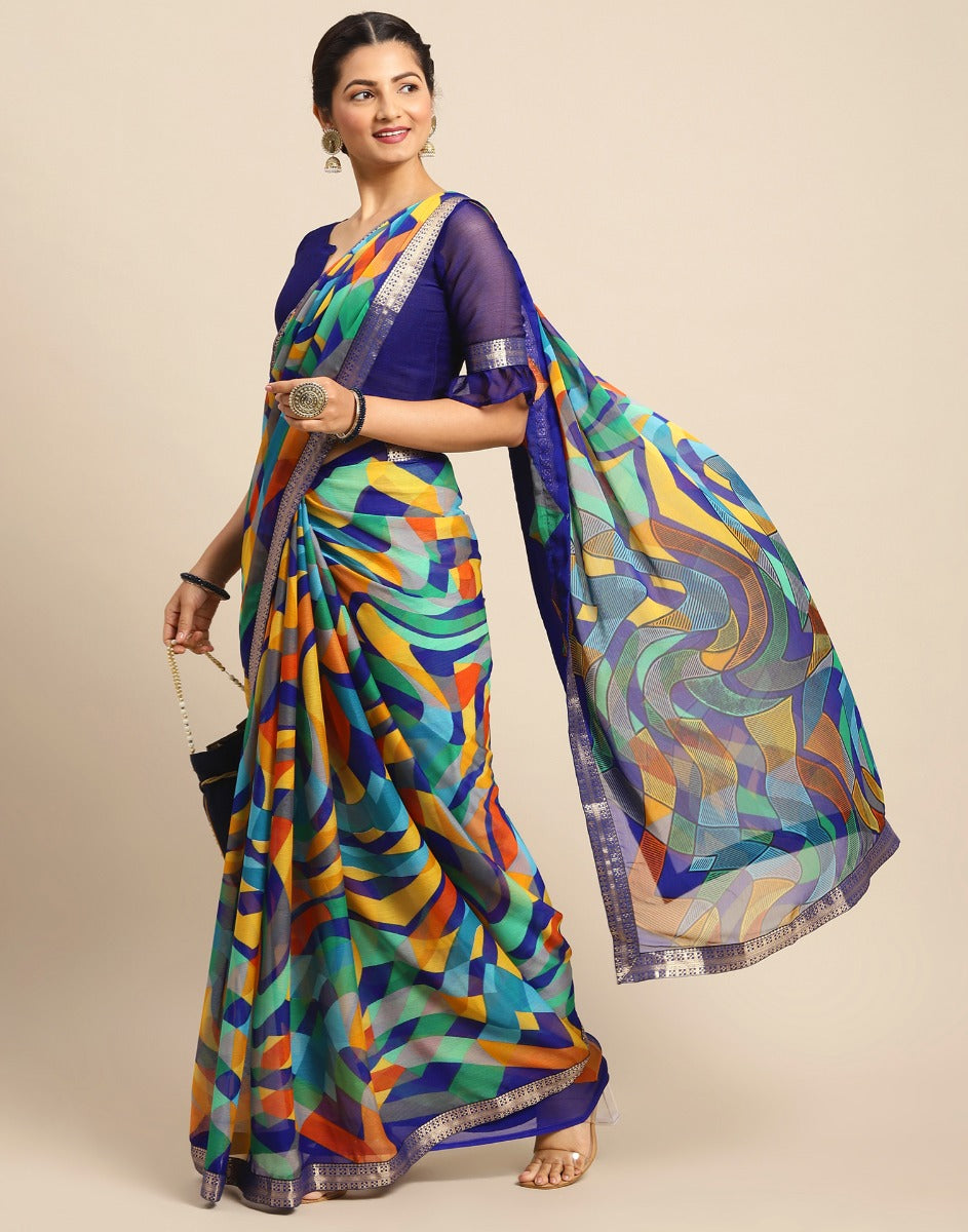 Royal Blue Coloured Chiffon Geometric Printed Saree | Sudathi