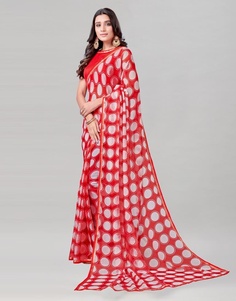 Red Coloured Chiffon Polka Printed Saree | Sudathi