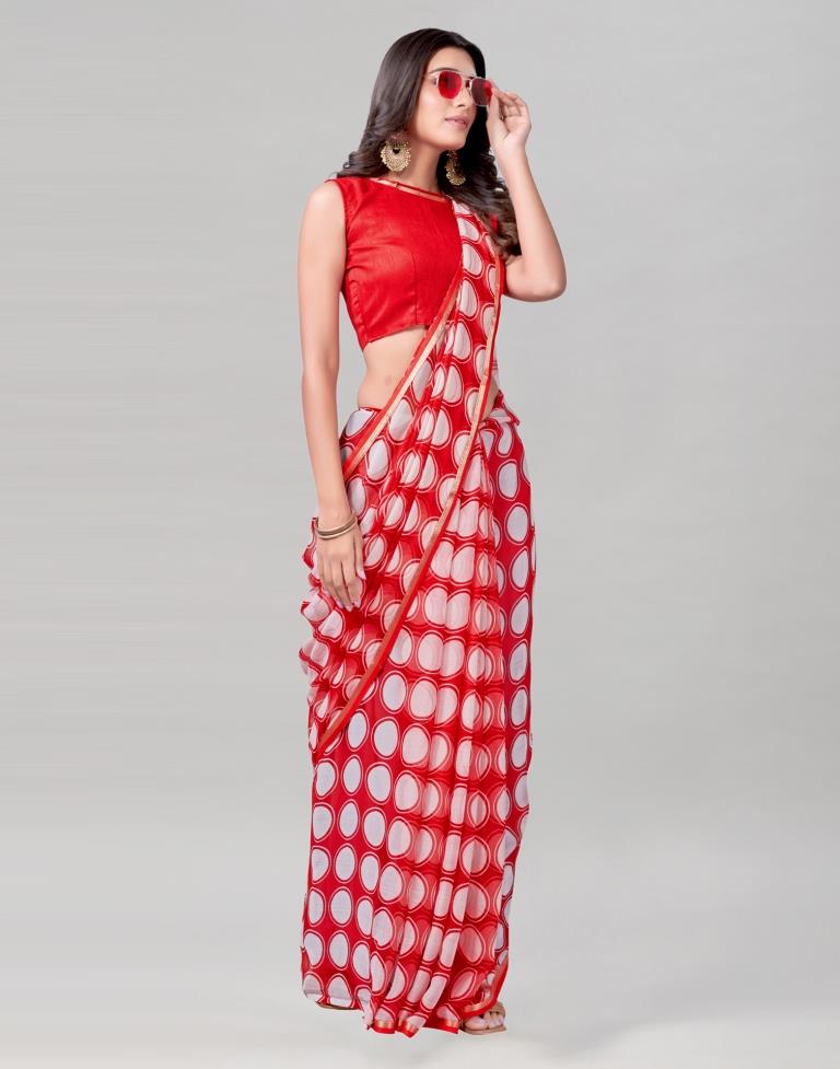Red Coloured Chiffon Polka Printed Saree | Sudathi