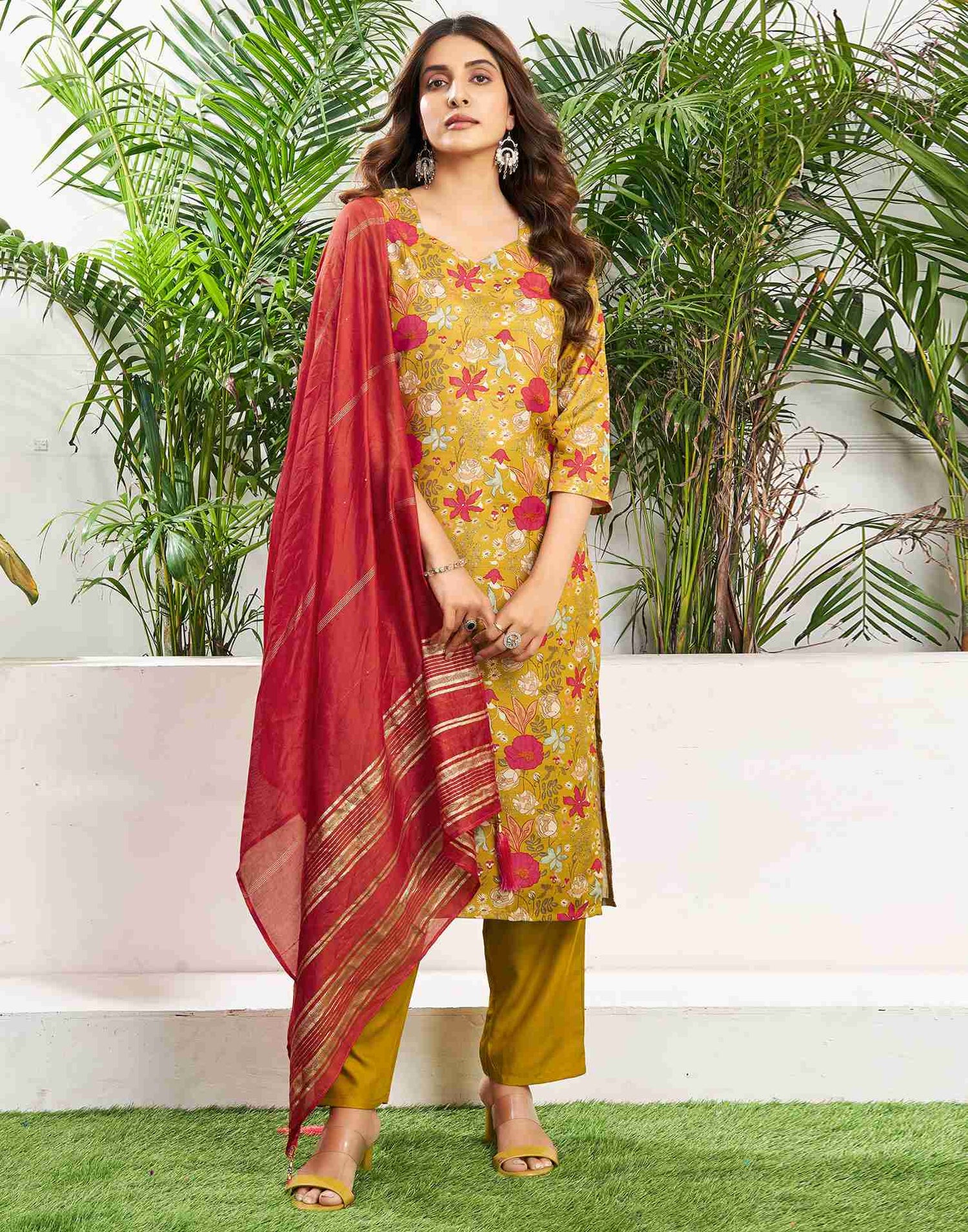 Mustard Yellow Cotton Printed Straight Kurta With Pant And Dupatta