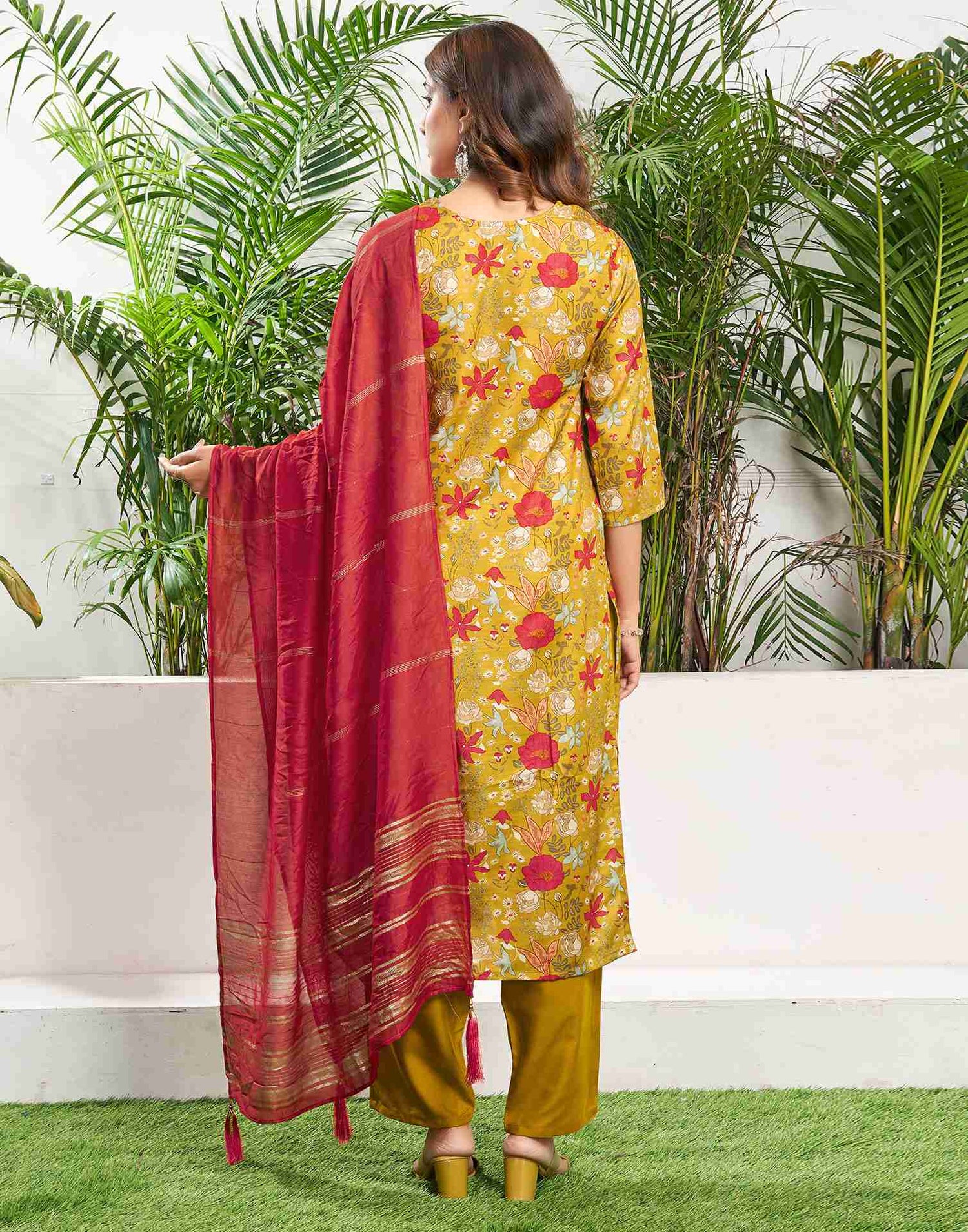 Mustard Yellow Cotton Printed Straight Kurta With Pant And Dupatta