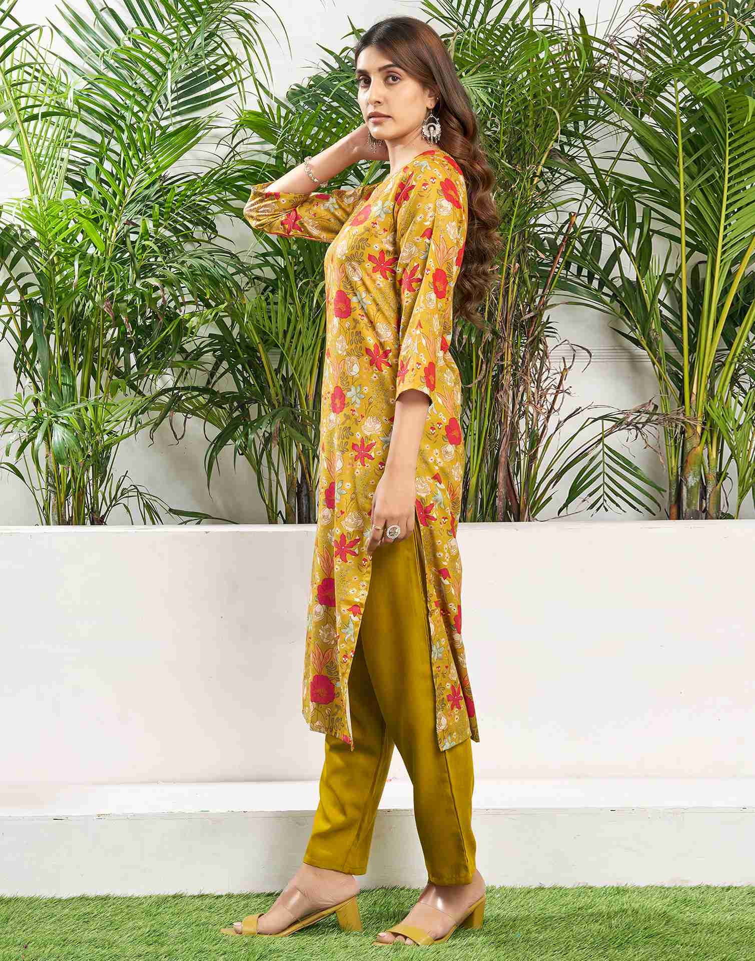 Mustard Yellow Cotton Printed Straight Kurta With Pant And Dupatta