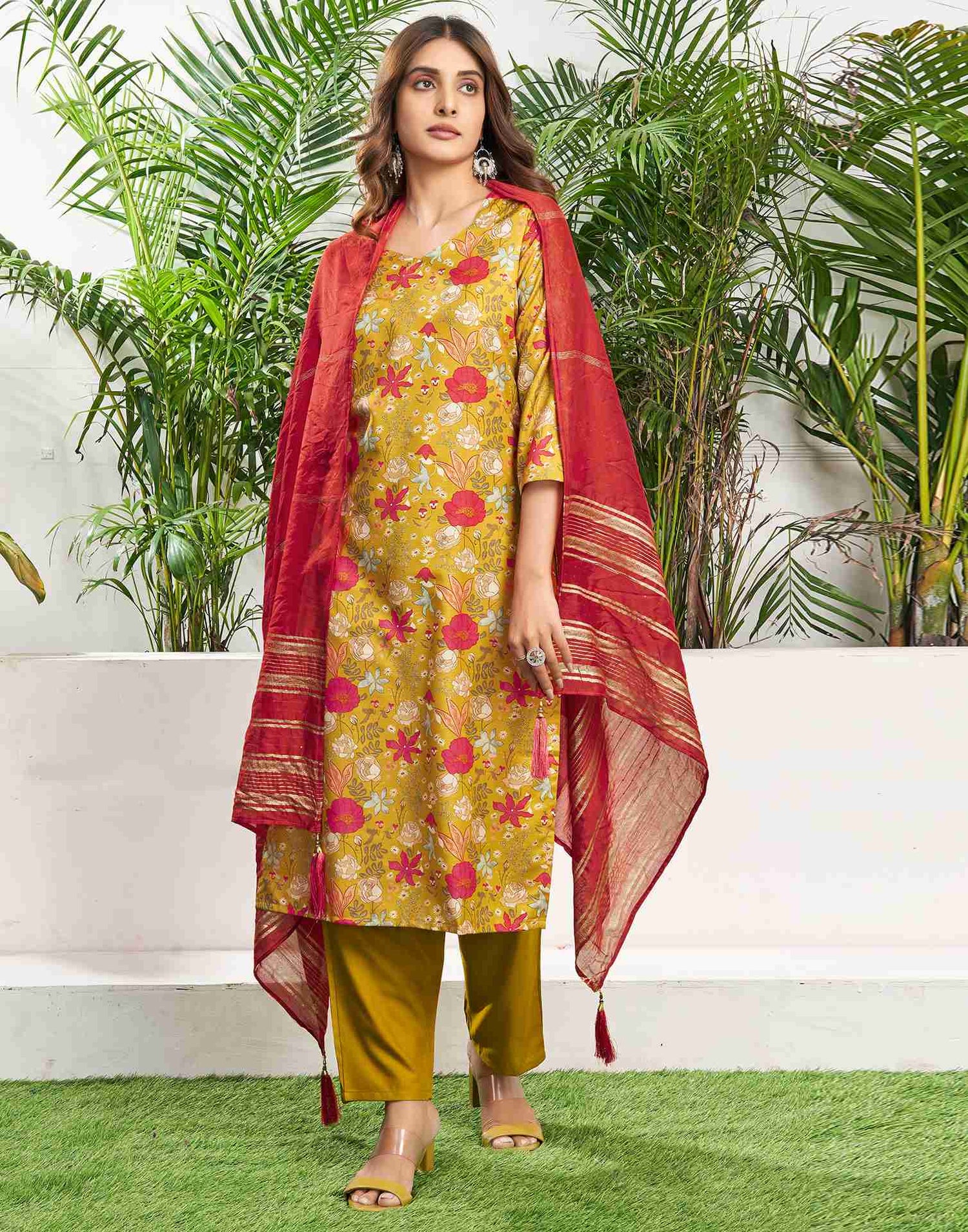 Mustard Yellow Cotton Printed Straight Kurta With Pant And Dupatta