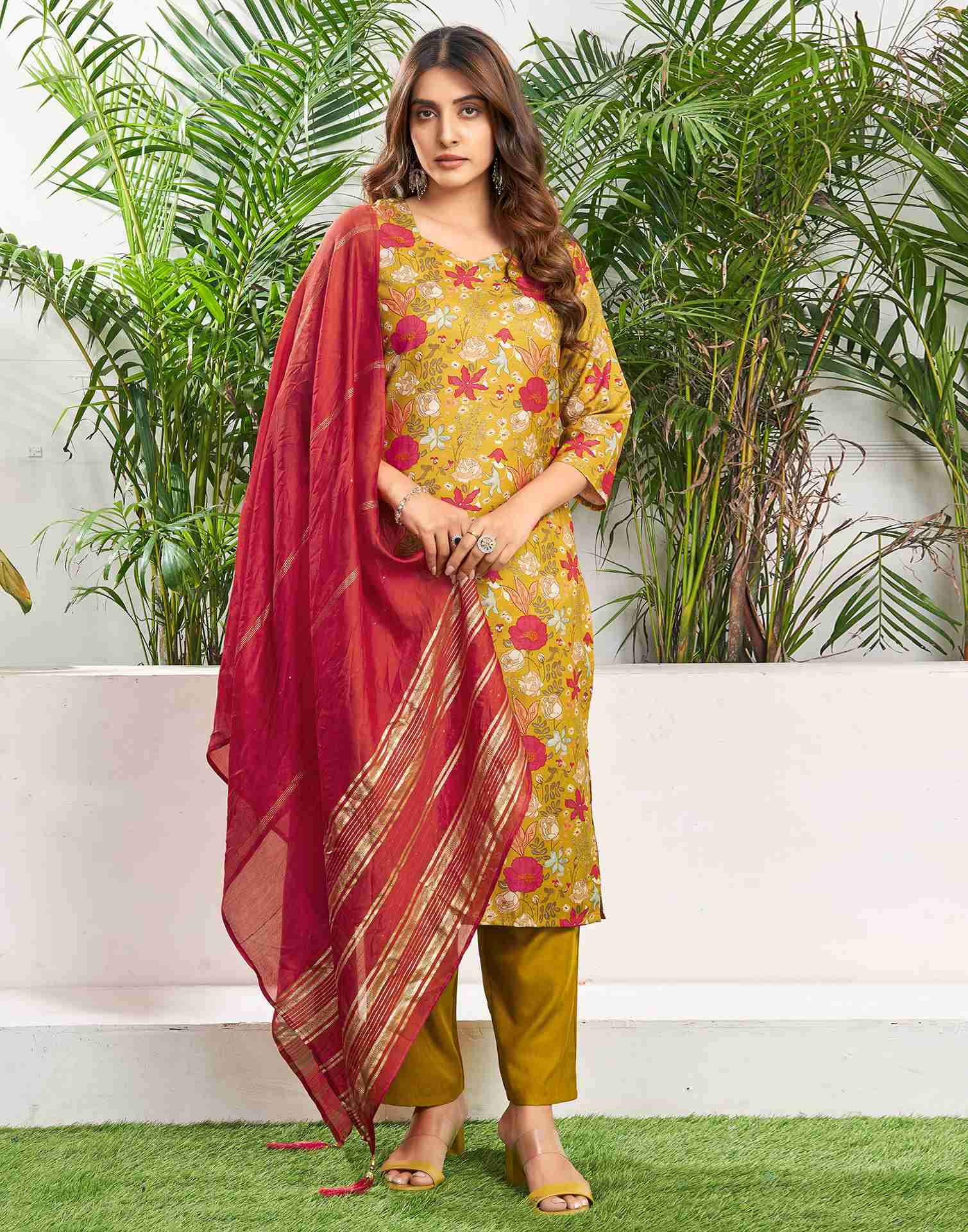 Mustard Yellow Cotton Printed Straight Kurta With Pant And Dupatta